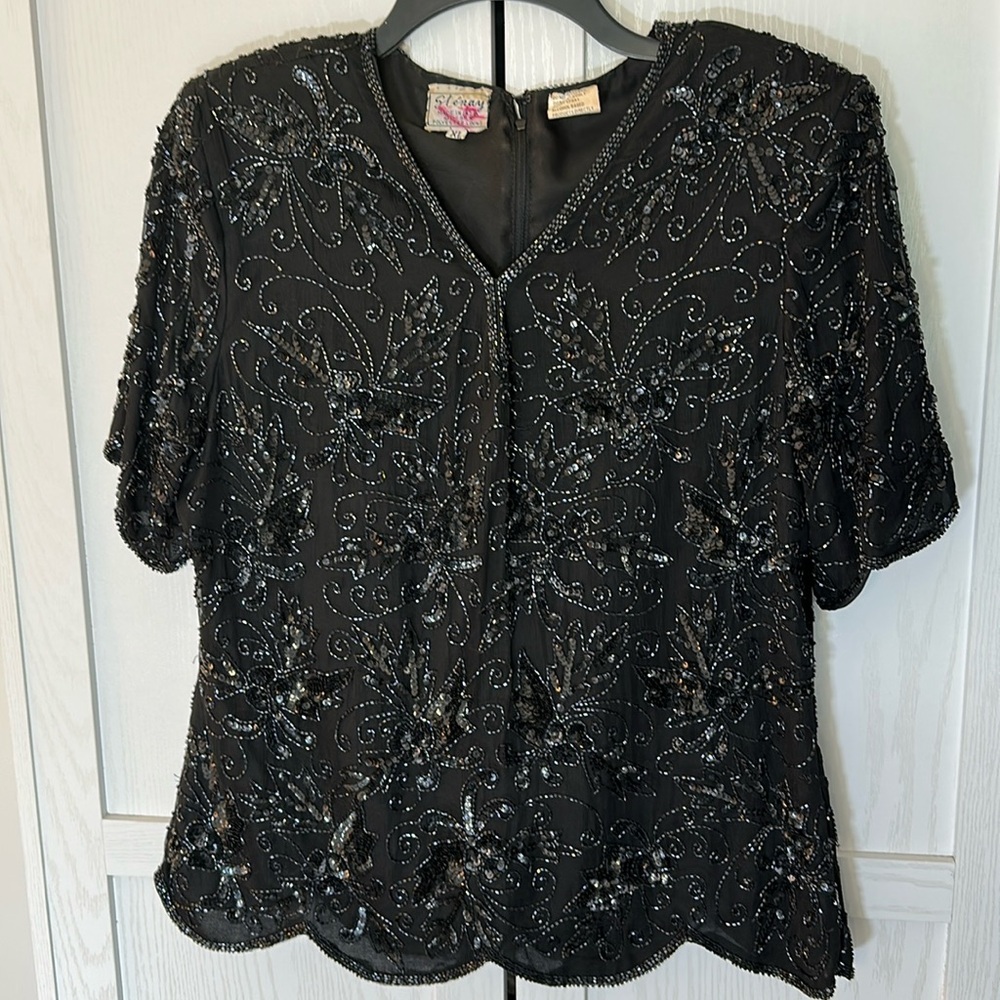 Vintage 1980's Stenay‎ 100% Silk Black Beaded Scalloped Hem Blouse XL
